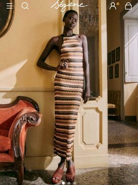 Sézane Striped Halter Maxi Dress in Tan, Black and Cream